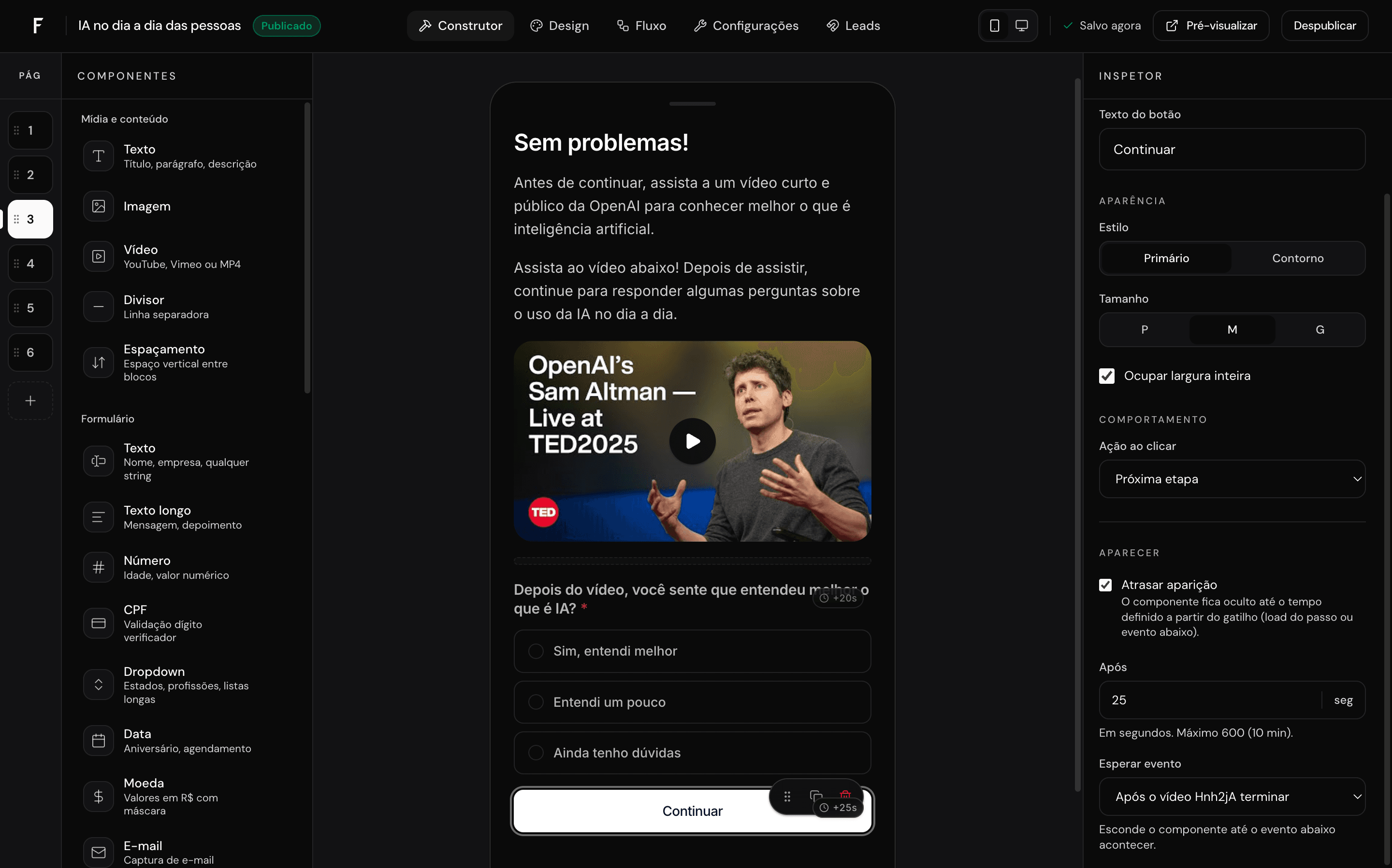 Construtor de funis Flunora — montando um formulário