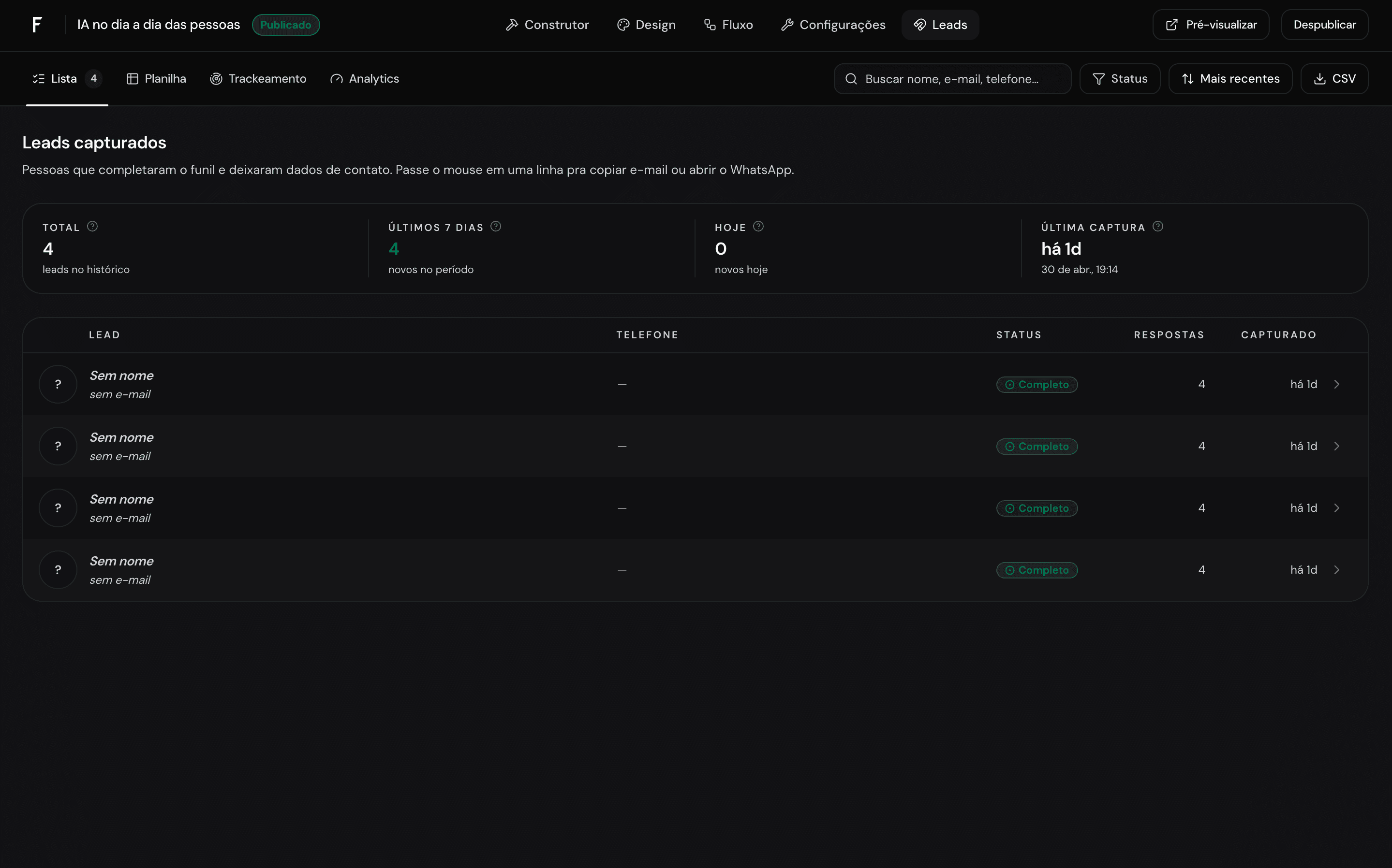 Dashboard de leads Flunora — leads capturados em tempo real
